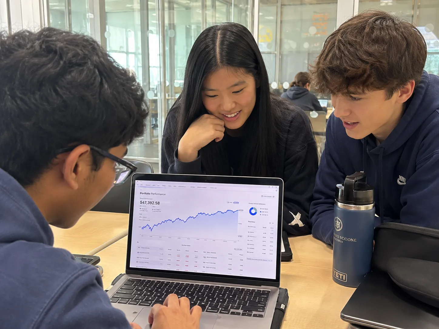 Students collaborating on a fintech pitch
